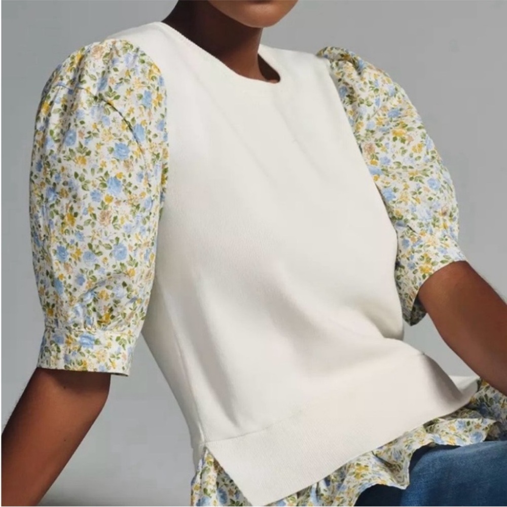 🍋 NEW Anthropologie White Sweater Blouse with Floral Sleeves Large